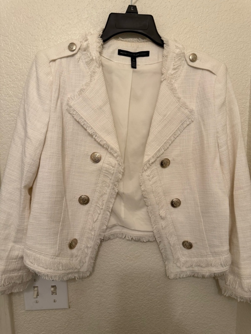 White House Black Market White Tweed Double-Breasted Fringe Blazer